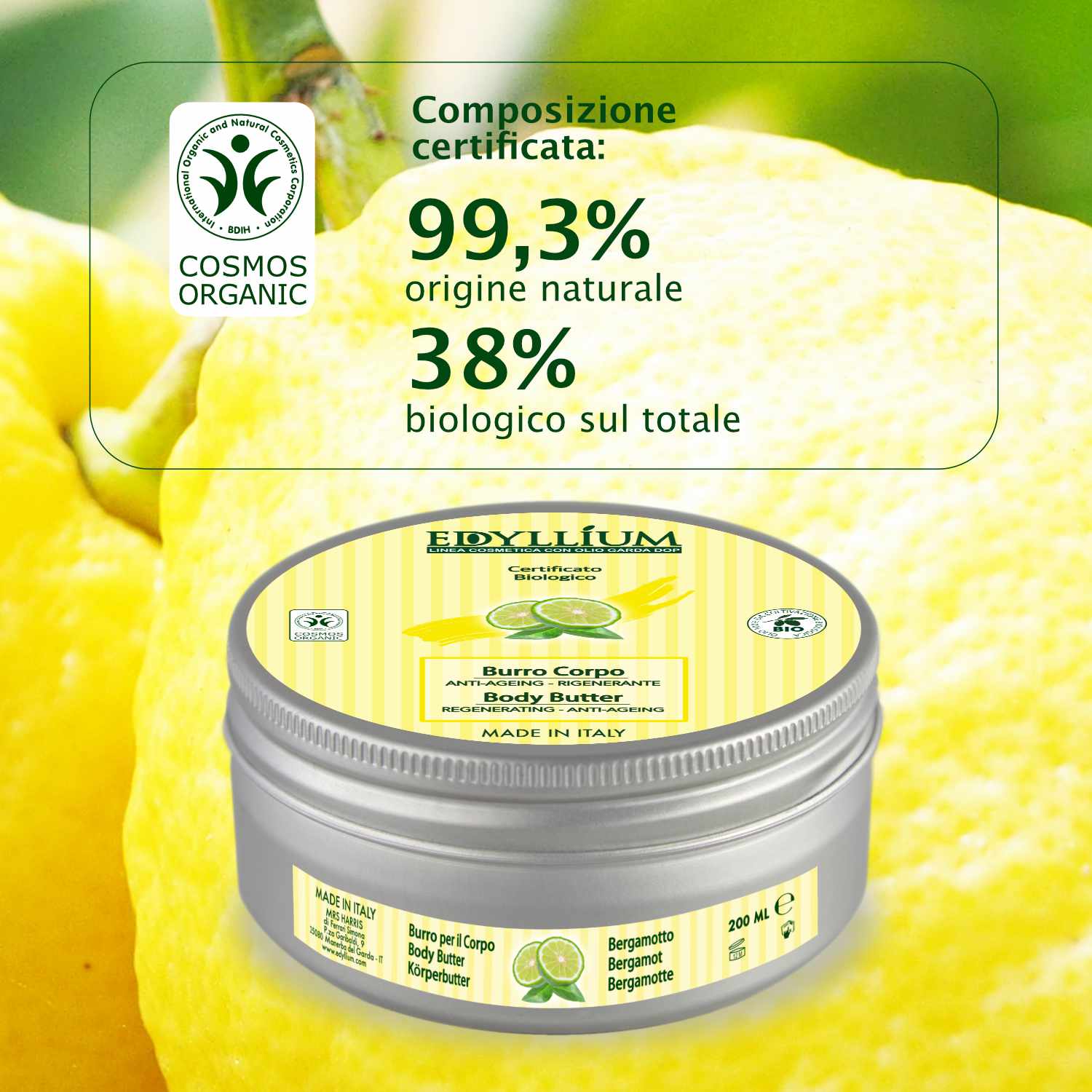 Burro corpo Edyllium energizzante, idratante e rigenerante con Olio Oliva Dop Garda, Aloe Vera, Olio di Cocco, Burro di Cacao, Estratto di Bergamotto.