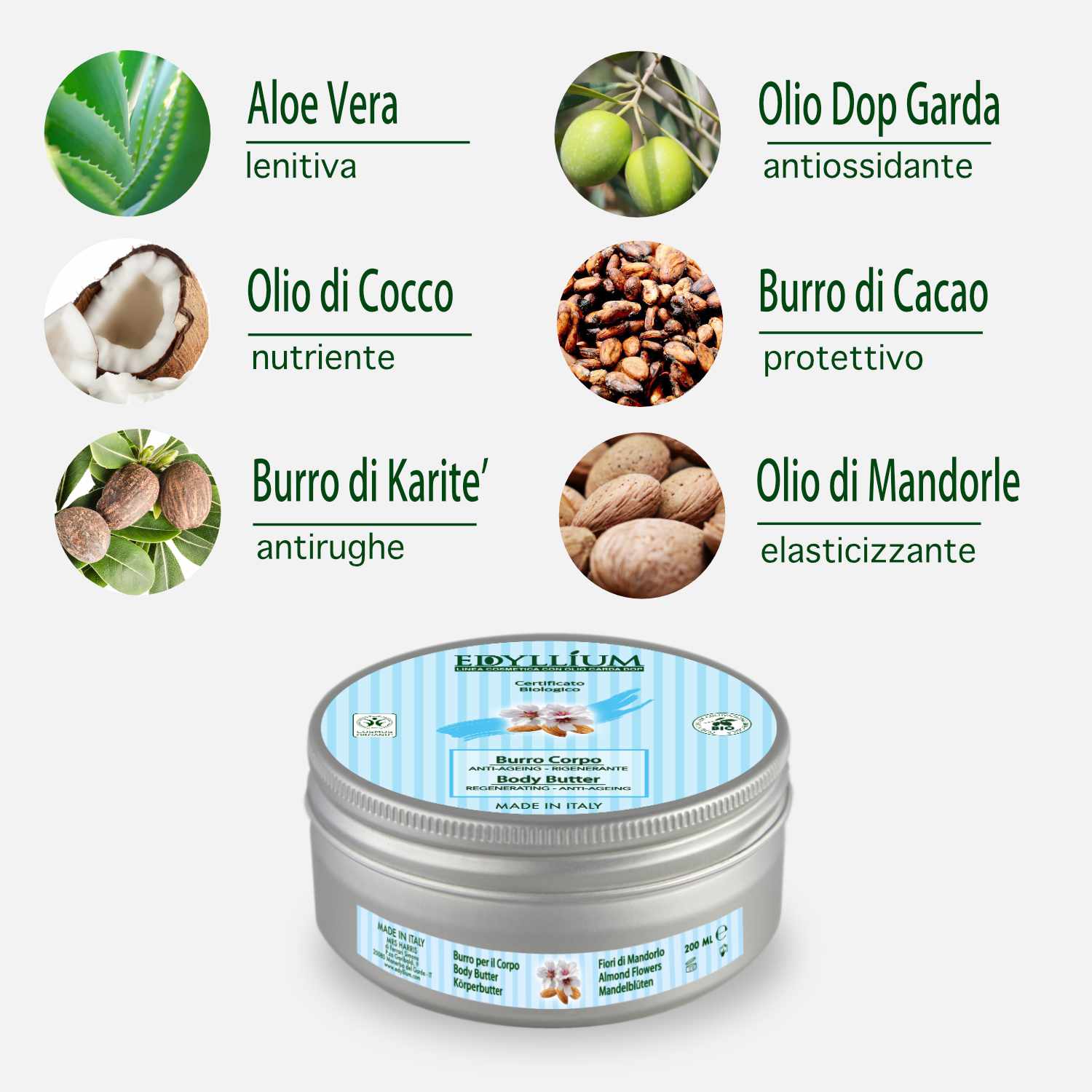 Edyllium Burro corpo rilassante, rigenerante ed idratante con Olio di Oliva Dop Garda, Aloe Vera, Olio di Cocco, Burro di Cacao, Estratto di Mandorle Dolci.