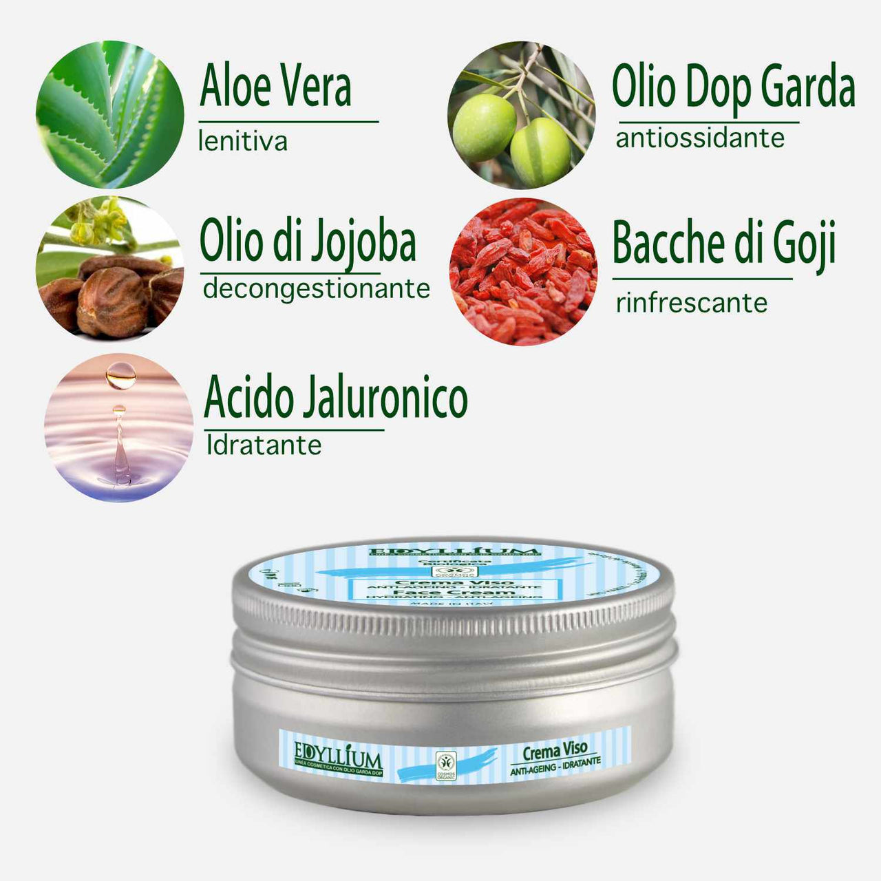 Crema idratante antiageing acido jaluronico olio oliva dop Garda Edyllium