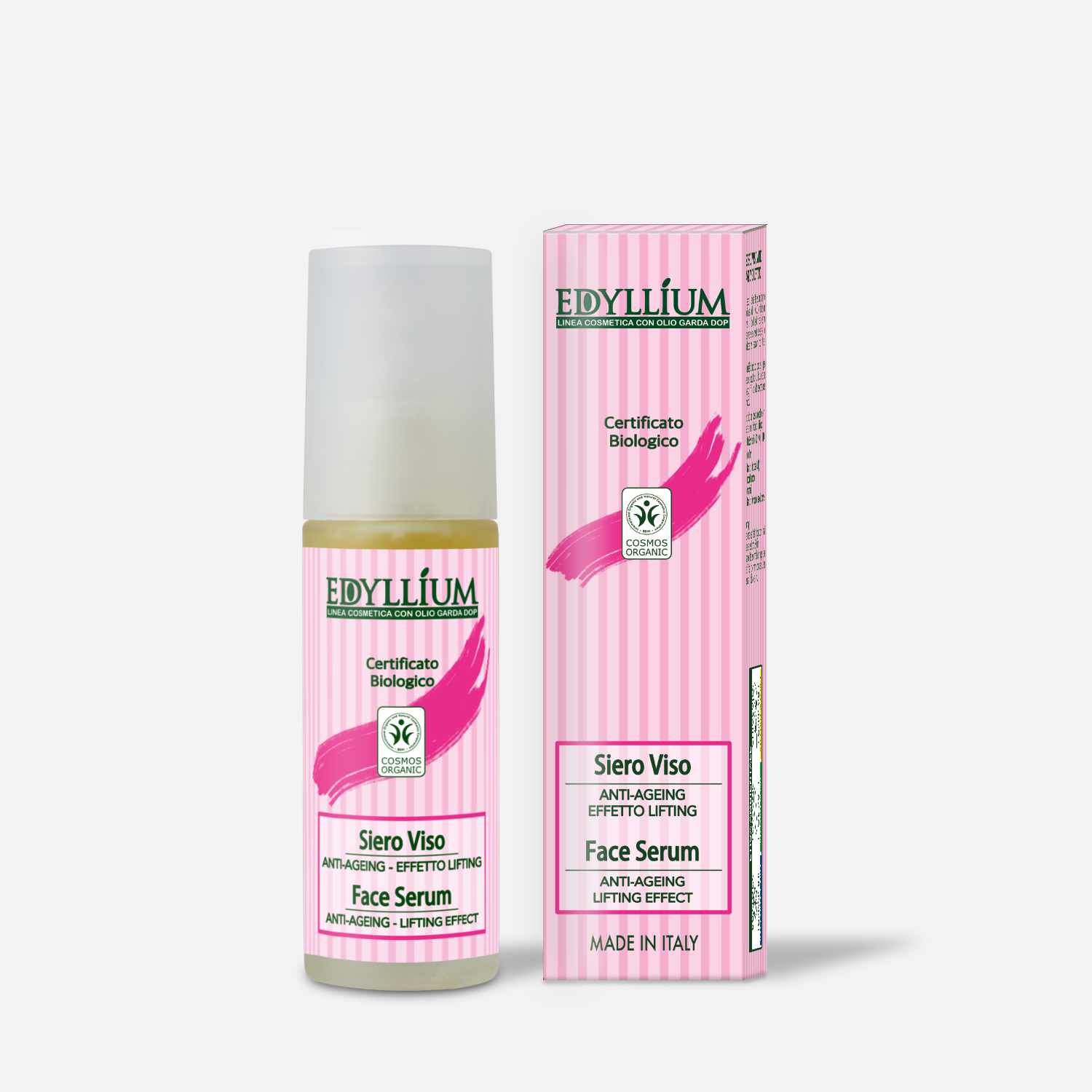 Il siero lifting Edyllium e' arricchito con ingredienti certificati biologici: Olio di Oliva Dop GARDA, Aloe Vera, Estratto di Acerola, Acido Jaluronico, Amamelide, Estratto di Arancio Dolce e di Limone